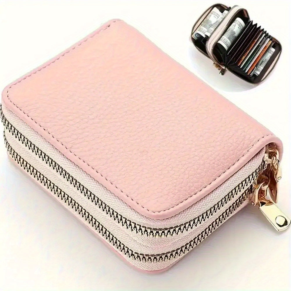 Fashion Double Zipper Wallet, Litchi Pattern Double Layer Short Credit Card Document Bag, Versatile Multicolor Coin Purse
