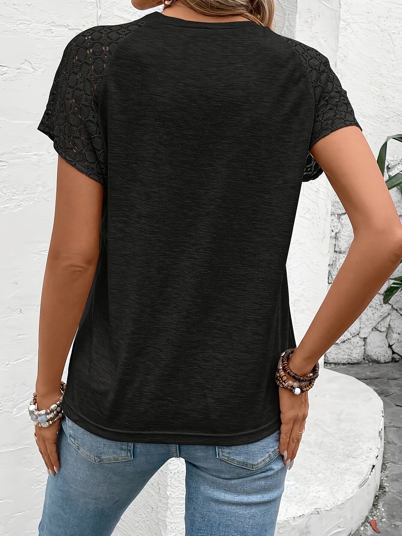 Women's Elegant Solid Color Lace Sleeve T-Shirt - Summer Casual Chic Blouse with Breathable Fabric, Machine Washable, Versatile for Casual & Formal Outfits, Cropped Tee Style | Soft Texture Top, Ladies T Shirts