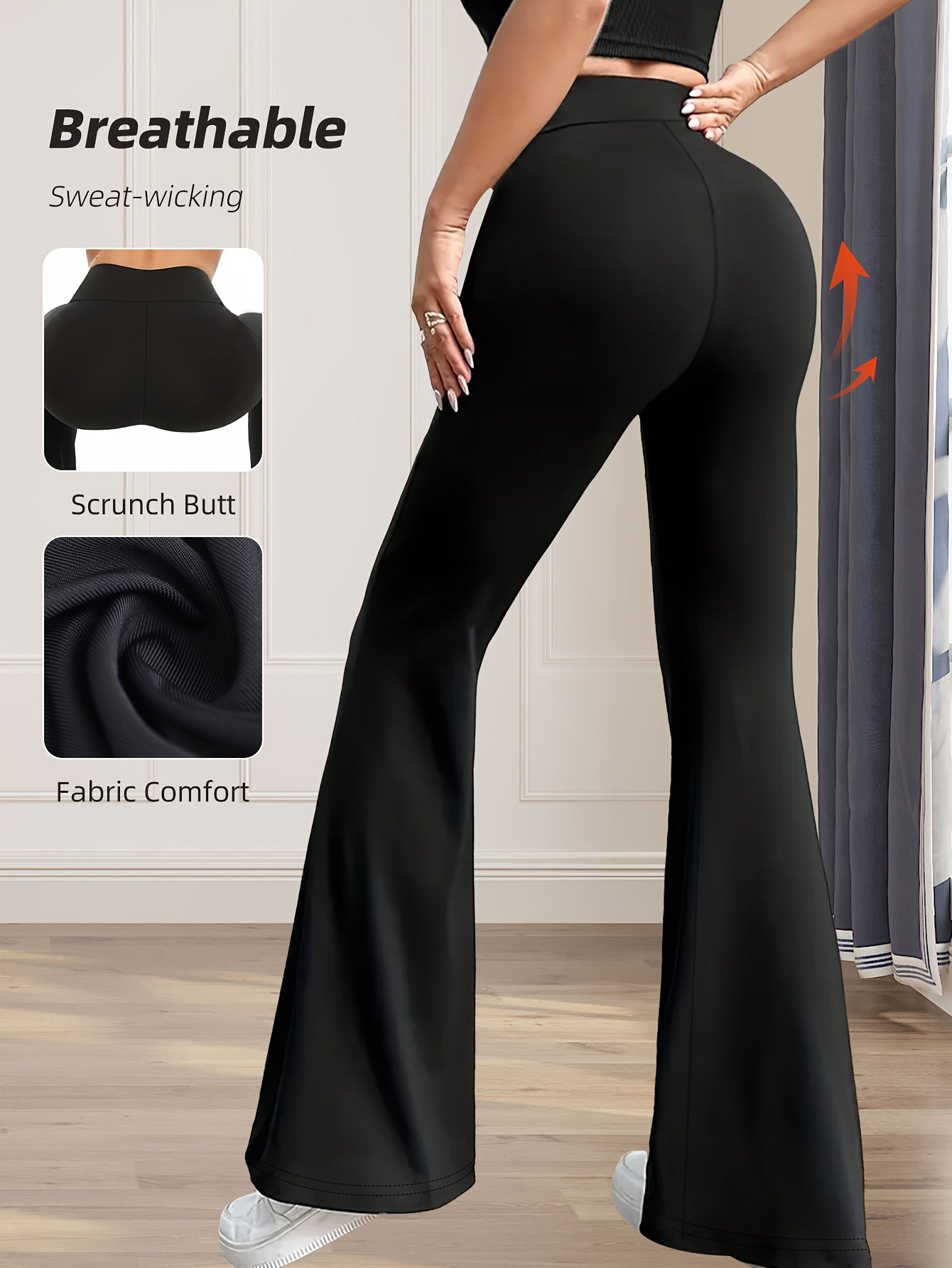 High-Waisted Flared Leggings for Women - Stretchy Black Polyester Pants with Tummy Control, Slimming Fit, and Breathable Design for Spring/Summer/Fall Casual Wear, Spring Summer Leggings | Fitted Leggings | Elastic Waistband