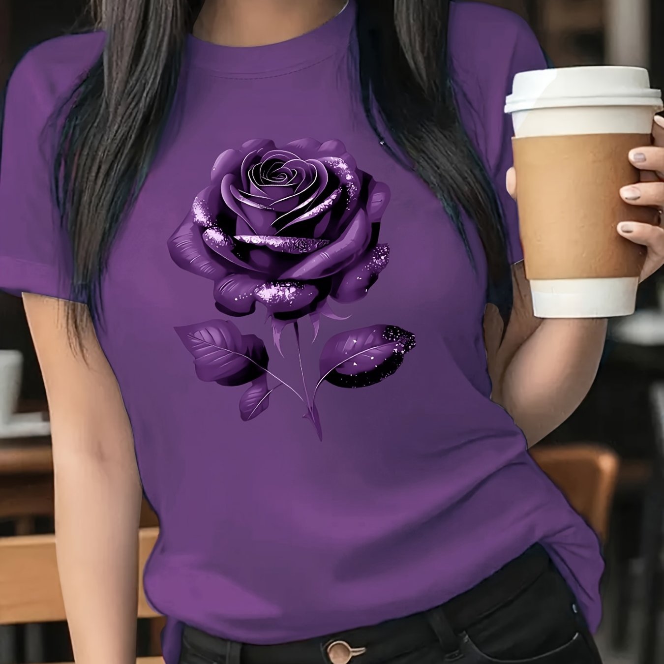 The Black Roseprint t-shirt, short sleeve crew neck casual top for summer & spring, Women's clothing gift