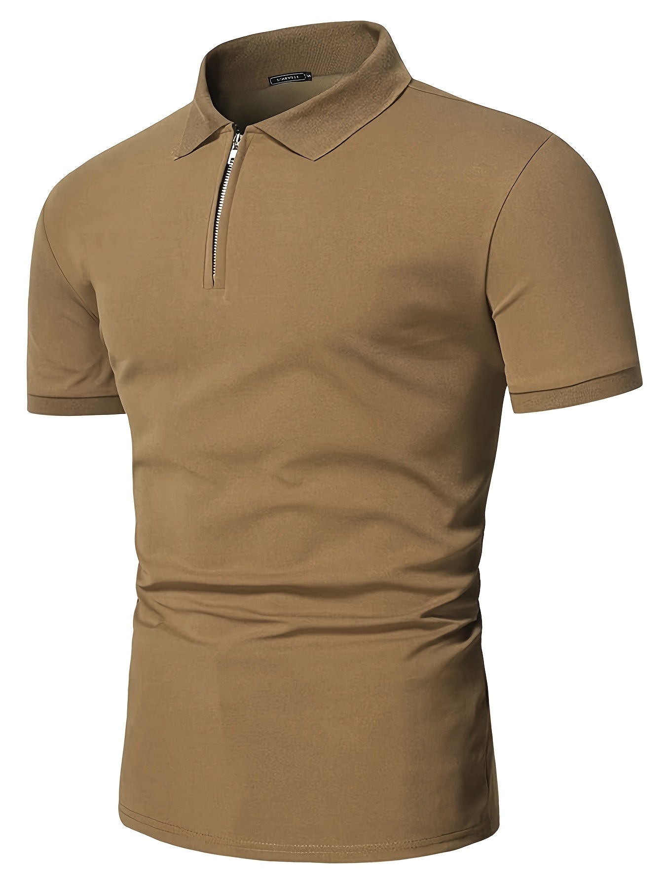 Casual Stretch Men's Solid Color Zipper Lapel Golf Shirt, Male Summer Streetwear