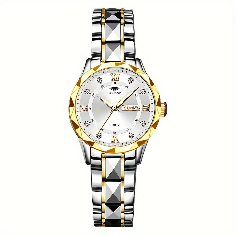1pc Women's Stainless Steel Watch with Luminous Blue Dial, Date & Day Display, High Quality IPX7, Quartz Movement - Casual Elegant Design for Sports & Travel, Birthday Holiday Gift, Casual Attire, Secure Clasp Wristwatch