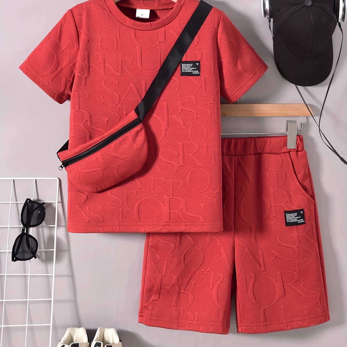 Boys' Stylish White Short Sleeve T-Shirt + Casual Shorts + Fashion Crossbody Bag Set, Perfect for Outdoor