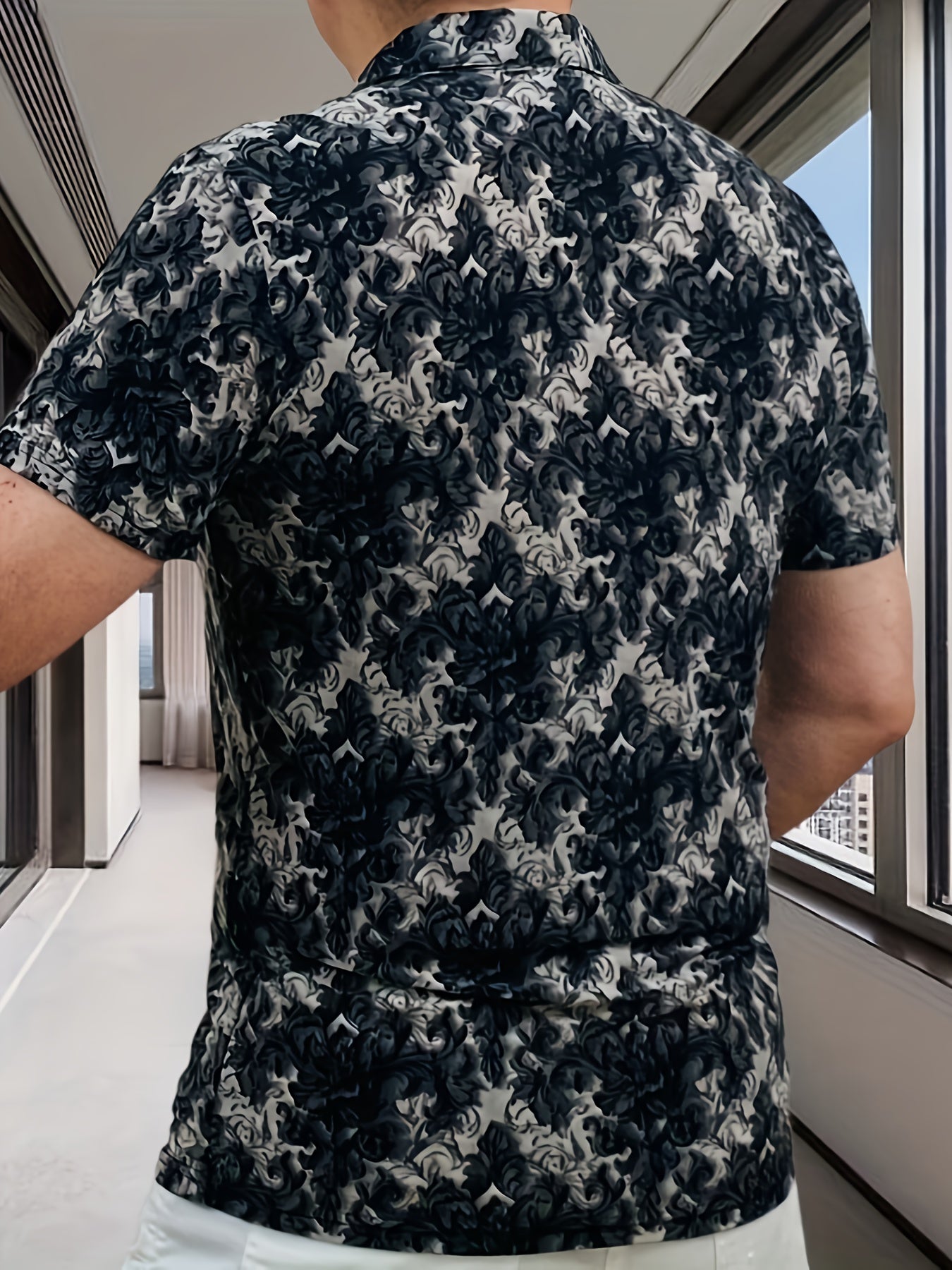 Men's Short Sleeve Shirt with Zipper Front - Black & White Floral Print Summer Casual T-Shirt, Breathable Stand Collar, Regular Fit for Casual Attire, Easy Care Fabric