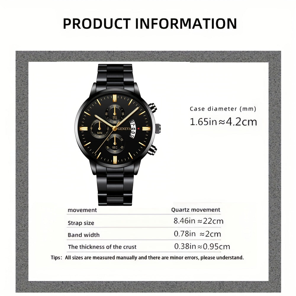 Men'S Luxury Black Stainless Steel Quartz Watch with a Date Feature, Ideal for Business Occasions.
