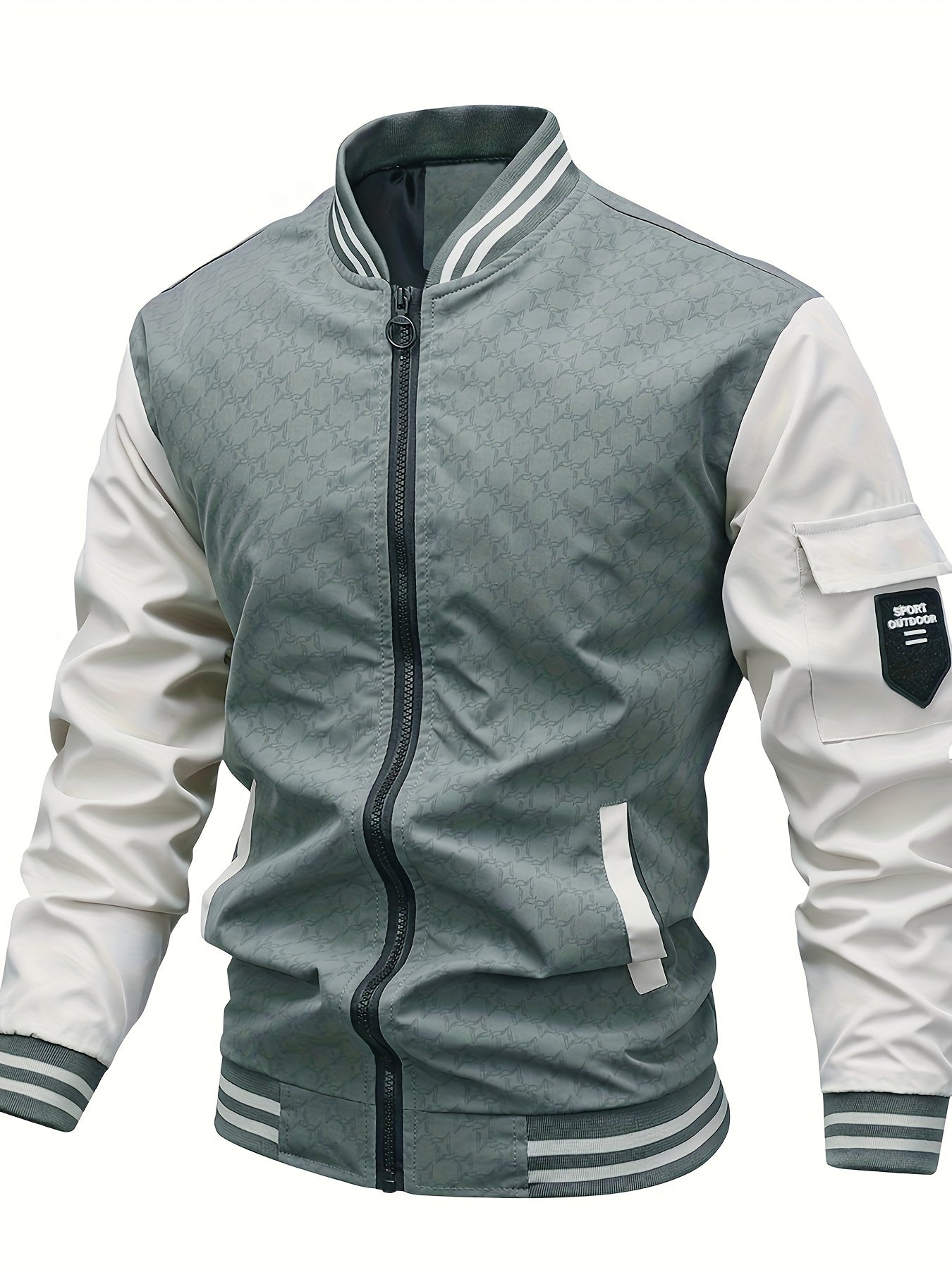 Men'S Lightweight Geometric Pattern Bomber Jacket - Casual Long Sleeve Zip-Up with Pockets, White & Gray, Polyester Lining, Perfect for Fall, Autumn Jacket