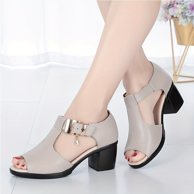 Elegant Women'S Open-Toe Chunky Heel Shoes - Comfortable Mid-Height with Golden Buckle Strap, Breathable Cut-Out Design, Shock-Absorbing Insole & Durable Rubber Sole for Summer Casual & Formal Occasions, High Heel Footwear, D