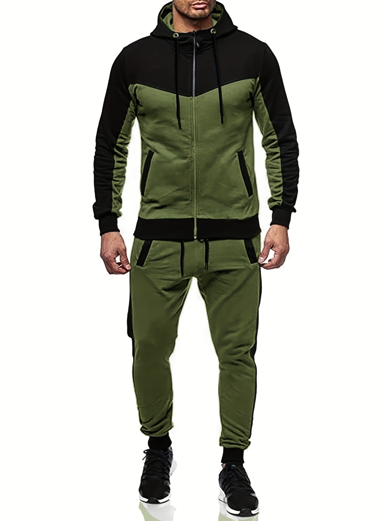 Men'S Casual Hoodie Set for Autumn And Winter, Featuring a Hooded Sweatshirt And a Sporty Cardigan in a Patchwork Design.