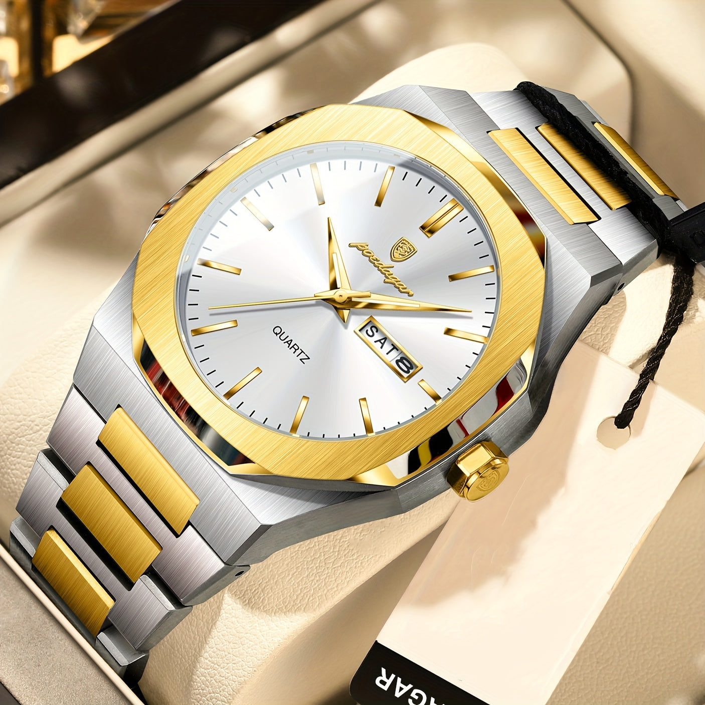 POEDAGAR Men'S Luxury Quartz Watch - Waterproof, Luminous Calendar, Stainless Steel Band, Business Style, Blue & Golden Accents, 3ATM, Non-Rechargeable Button Battery, Perfect for Spring Festival & Valentine'S Day Gifts