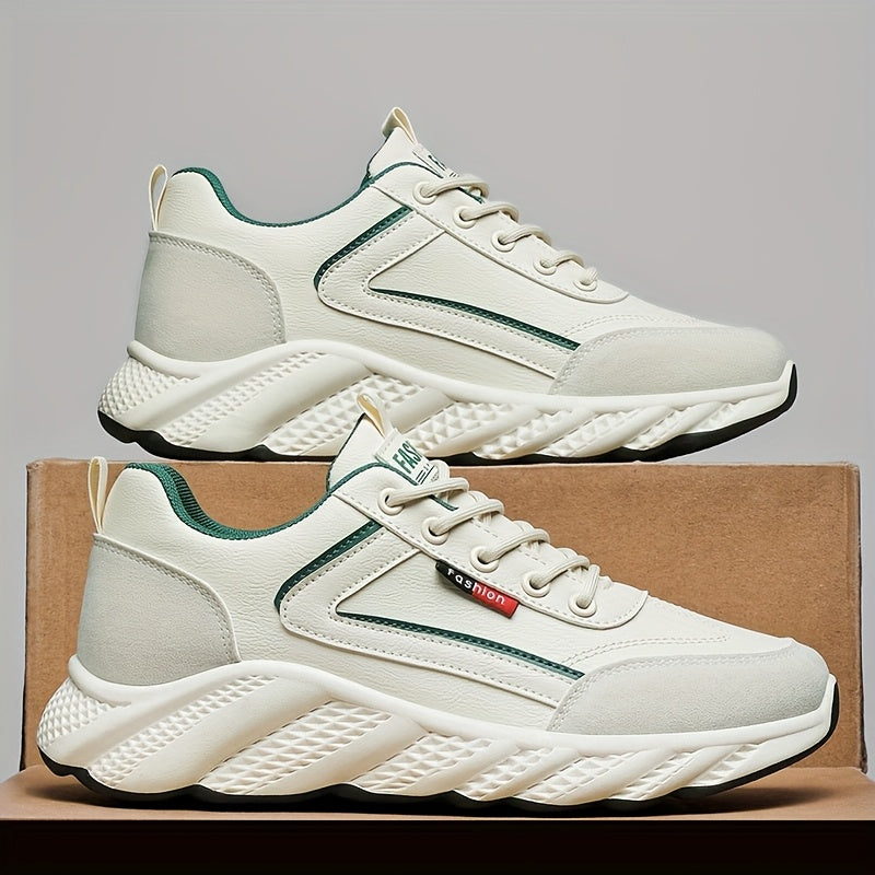 Men's Retro Sneakers - White & Green Accent Lace-Up Shoes, Cushioned PVC Sole for All-Day Comfort, Low-Top Sneakers for Gym, Office, Casual Attire - Model HX-7, Gym Footwear, Sleek Casual Style, Fabric Upper, Durable Traction