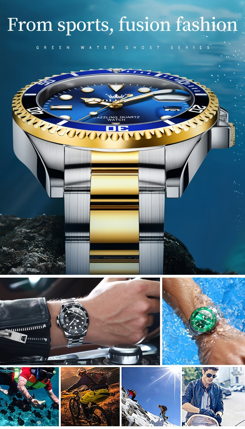 OLEVS Men'S Luxury Quartz Watch - Green Dial, Stainless Steel Band, Luminous Pointer Display, Quartz Movement, Electronic Drive, Zinc Alloy Case, Ideal for Business Casual Wea