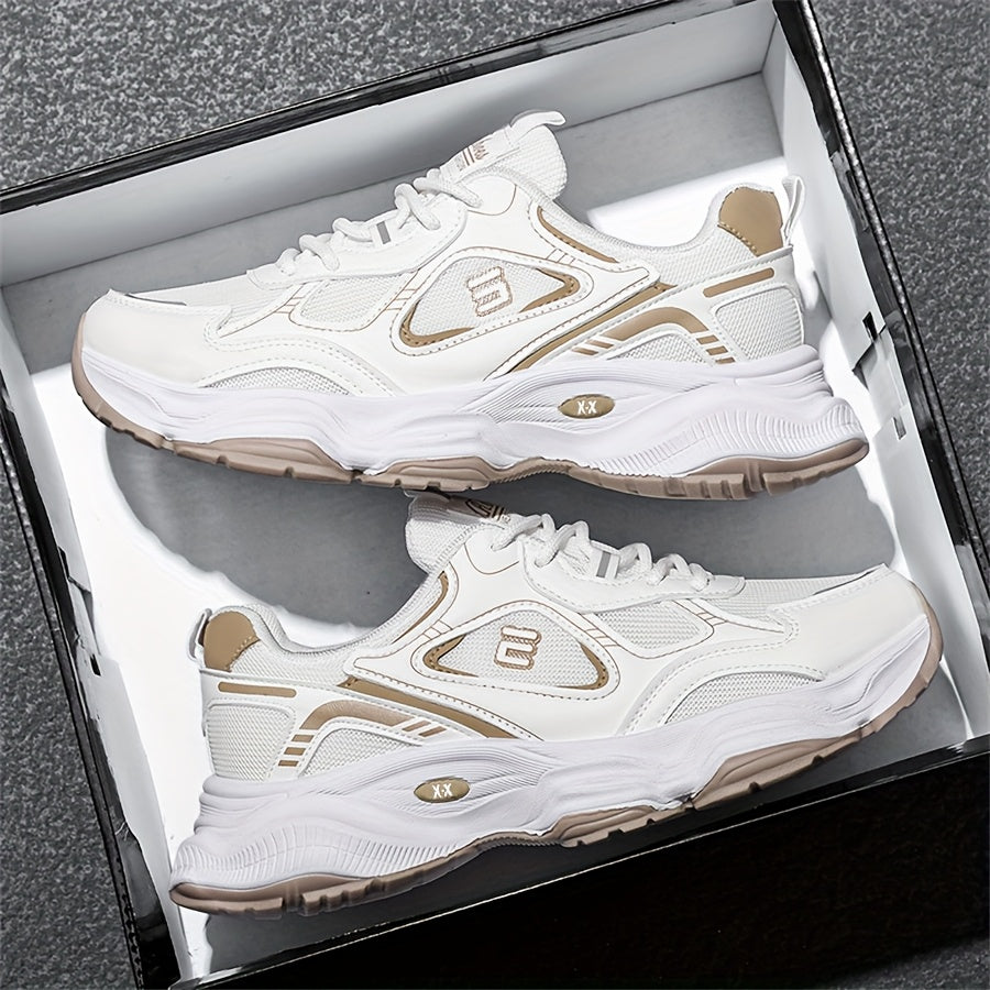Men'S 2025 New Fashionable Low-Top Sneakers with Thick Sole - Non-Slip, Outdoor Casual Shoes for Teenagers and Young Adults, White and Golden Accents, All-Season Comfort, Casual Footwear | Modern Sneaker Design | Rubber Base