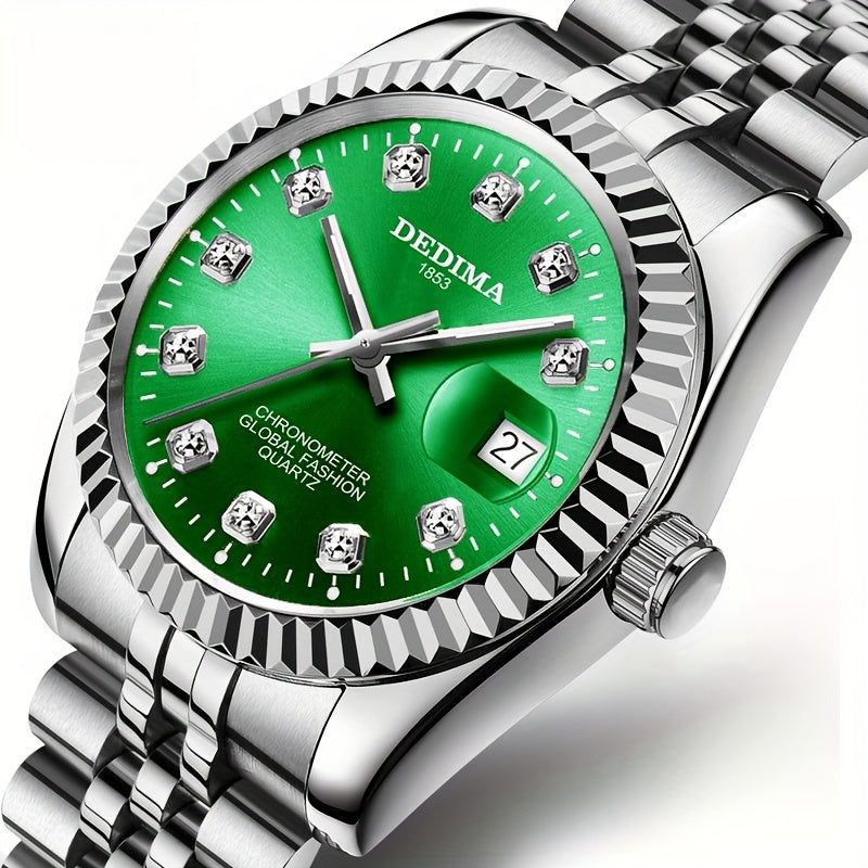 DEDIMA Elegant Stainless Steel Band Calendar Watch, Quartz Movement, Round Dial with Rhinestones, Battery-Powered, Non-Rechargeable Button Battery, Regular Cleaning, for Men, Women, Students, Christmas, Valentine'S Day, Thank