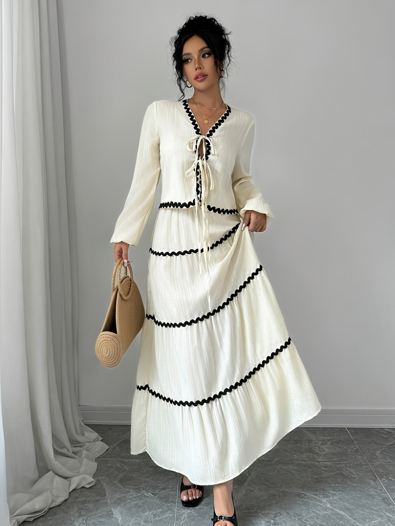 Women'S New Arrival Black and White Ruffled Lace Trim Long Sleeve Shirt with Tie Waist Umbrella Skirt Set, Stylish Elegant Vacation Commute Daily Wear Date Party Two-Piece Outfit Suitable for All Seasons