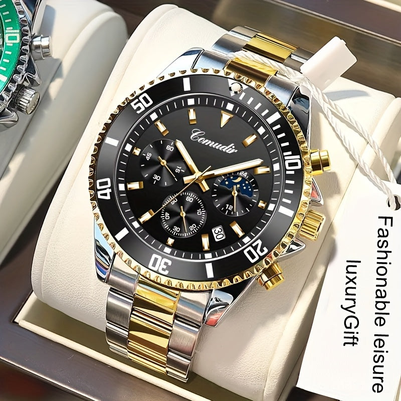 1pc New Fashion Stainless Steel Luxury Quartz Watch, High-end, Casual, Round Dial, Multi-scale, Night Light, Date Display, with Birthday, Holiday, Anniversary, for Men, Travel, Party