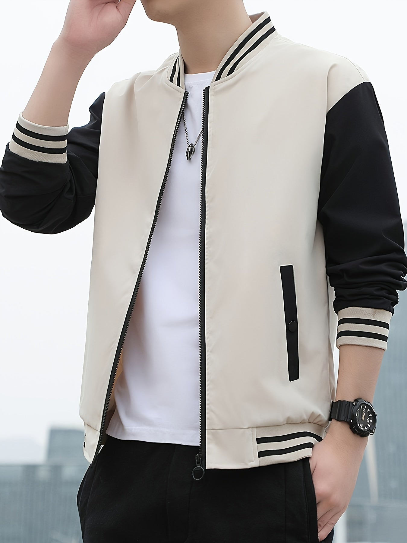 Men'S Lightweight Geometric Pattern Bomber Jacket - Casual Long Sleeve Zip-Up with Pockets, White & Gray, Polyester Lining, Perfect for Fall, Autumn Jacket