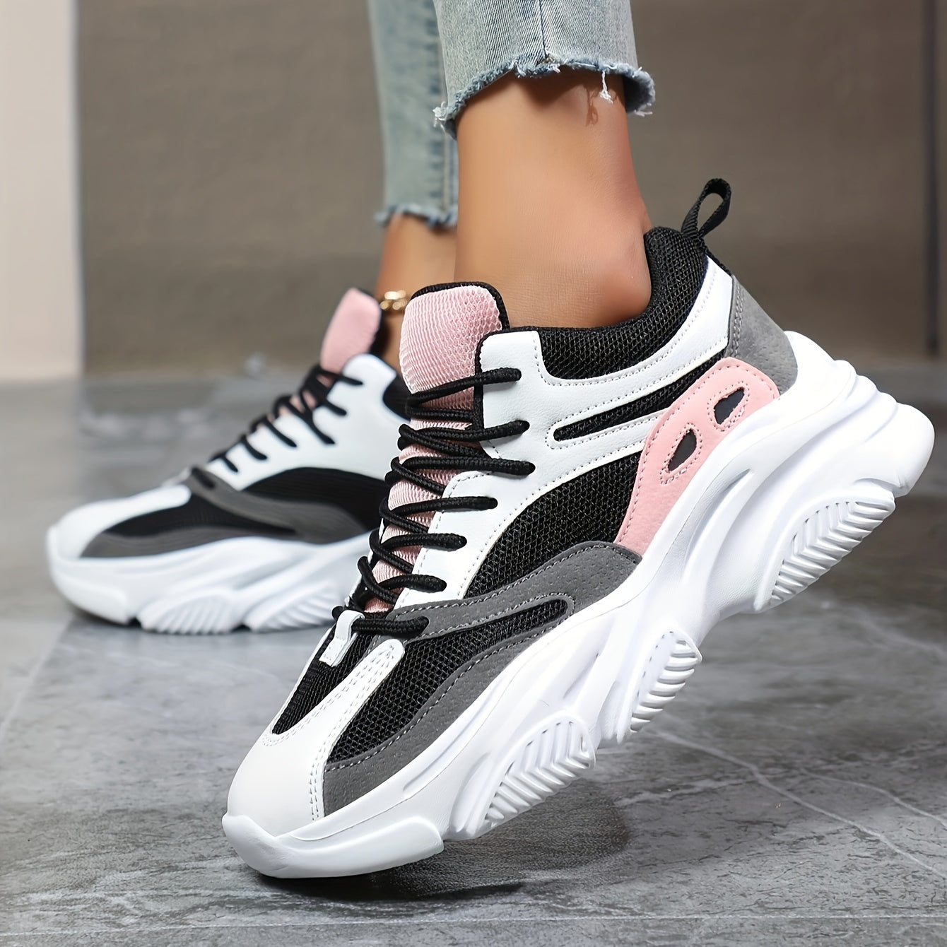 Thick Sole Shock Absorption Chunky Sneakers, Mesh Breathable Lightweight Lace Up Running Shoes, Low Cut Wear Resistance Sport Shoes