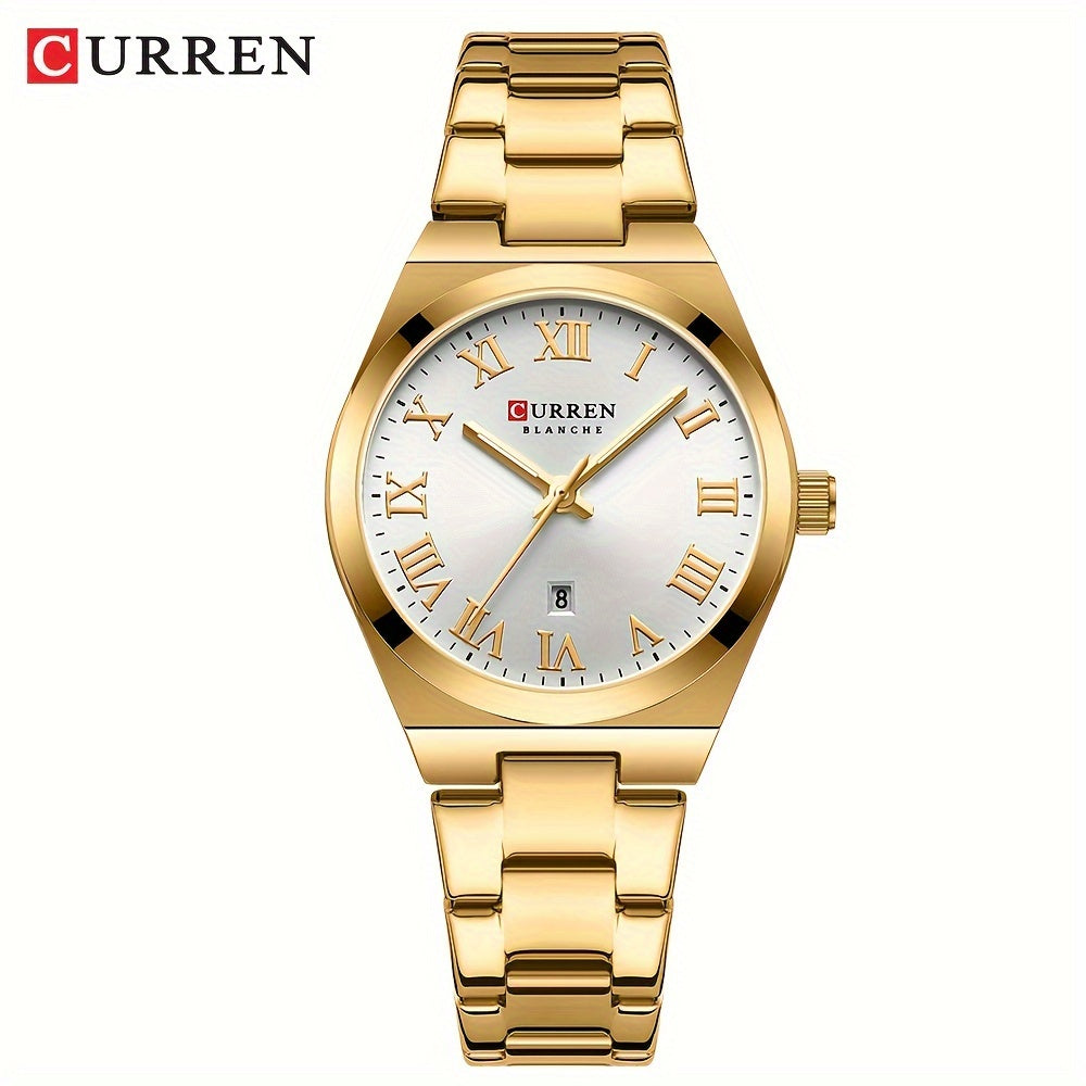 Fashionable Brand Of CURREN Ladies' Watches With A Casual And Simple Stainless Steel Strap, Featuring A Calendar And Quartz Movement.