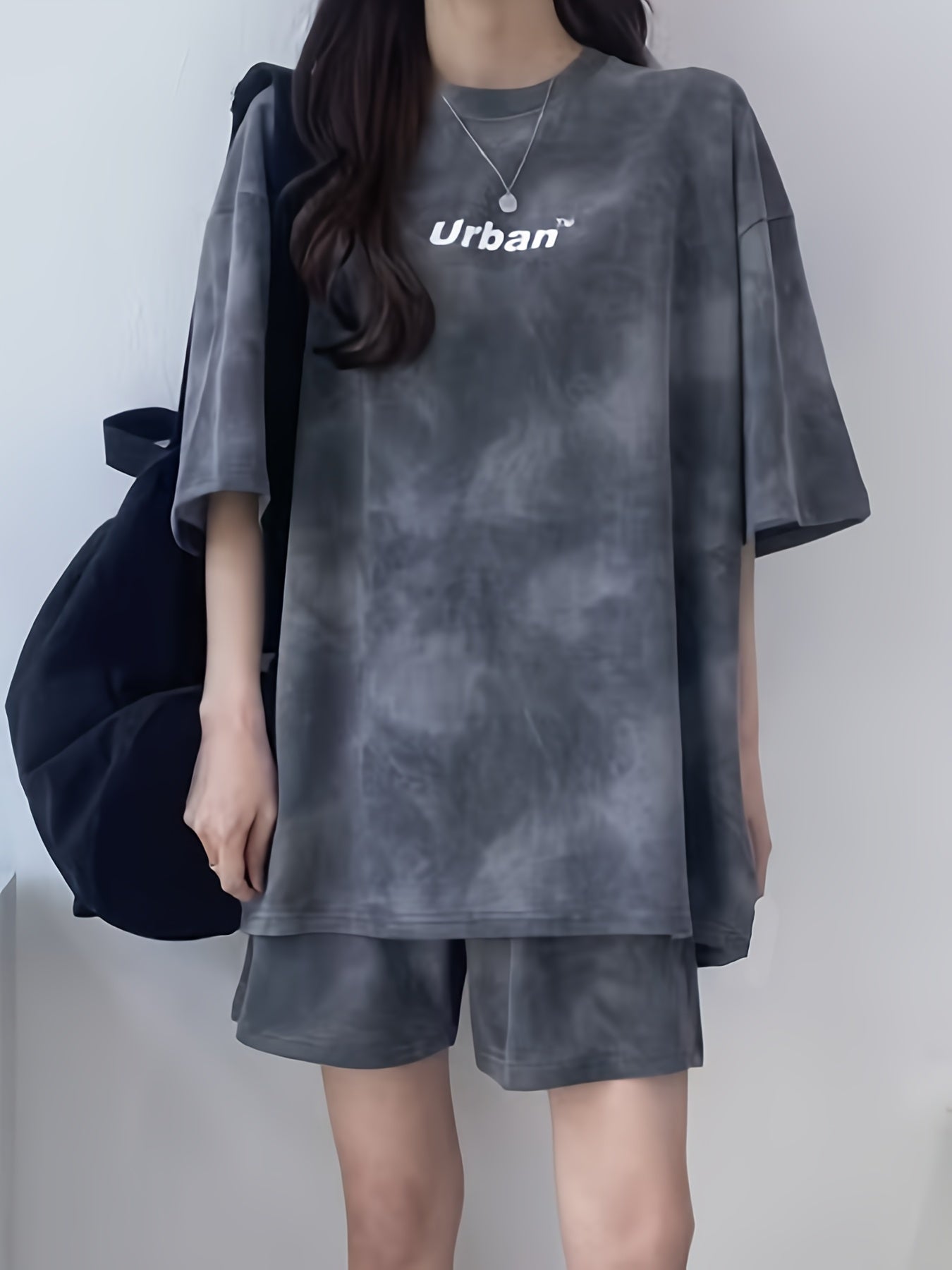 Women's Fashionable Tie-Dye Letter Print Comfortable Casual Loose Short Sleeve Top & Side Pocket Shorts Set - Summer Sporty Outfit in Gray, Polyester/Spandex Blend