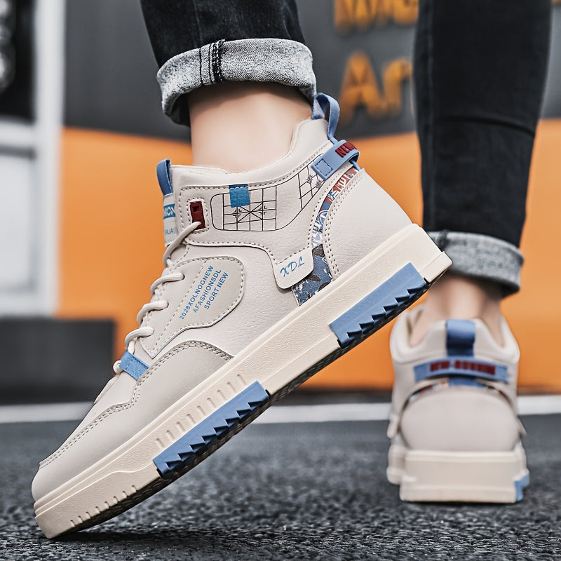 Men's Skate Shoes with Good Grip & Breathable Design - PU Upper, Cushioned PVC Sole, Black/Blue Letter Pattern Lace-Up Sneakers for All-Season Casual & Sports Wear, Allseason Shoes | Modern Casual Shoes | Comfortable Wear