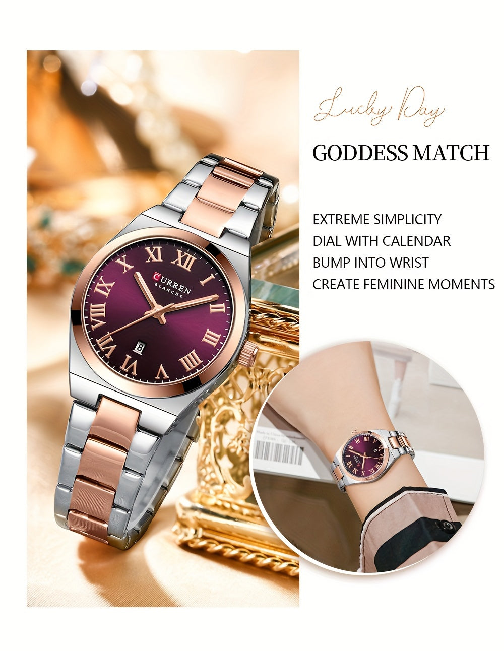 Fashionable Brand Of CURREN Ladies' Watches With A Casual And Simple Stainless Steel Strap, Featuring A Calendar And Quartz Movement.