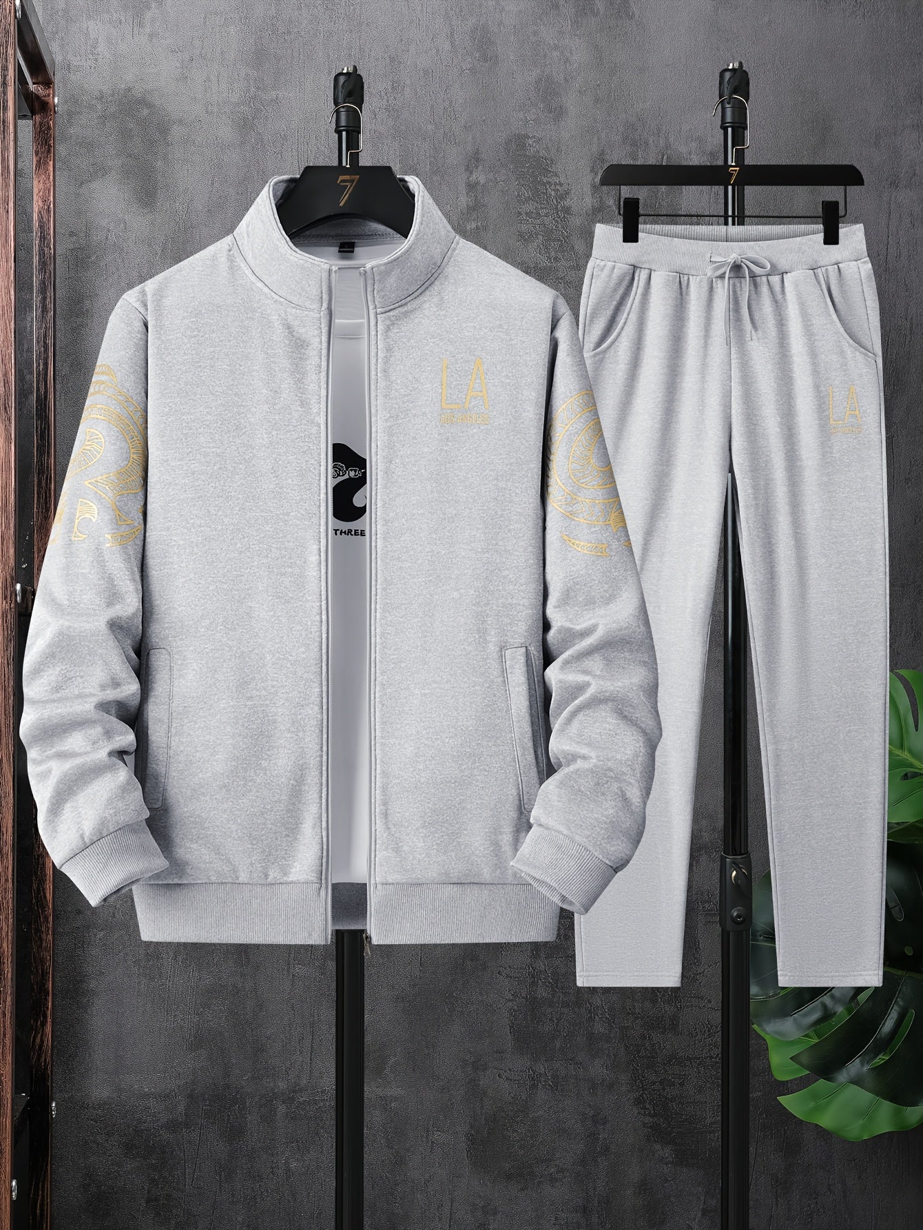 Men's Casual Print Sweatshirt & Joggers Set - Polyester, Stand Collar, Zip-Up Jacket for Spring/Fall
