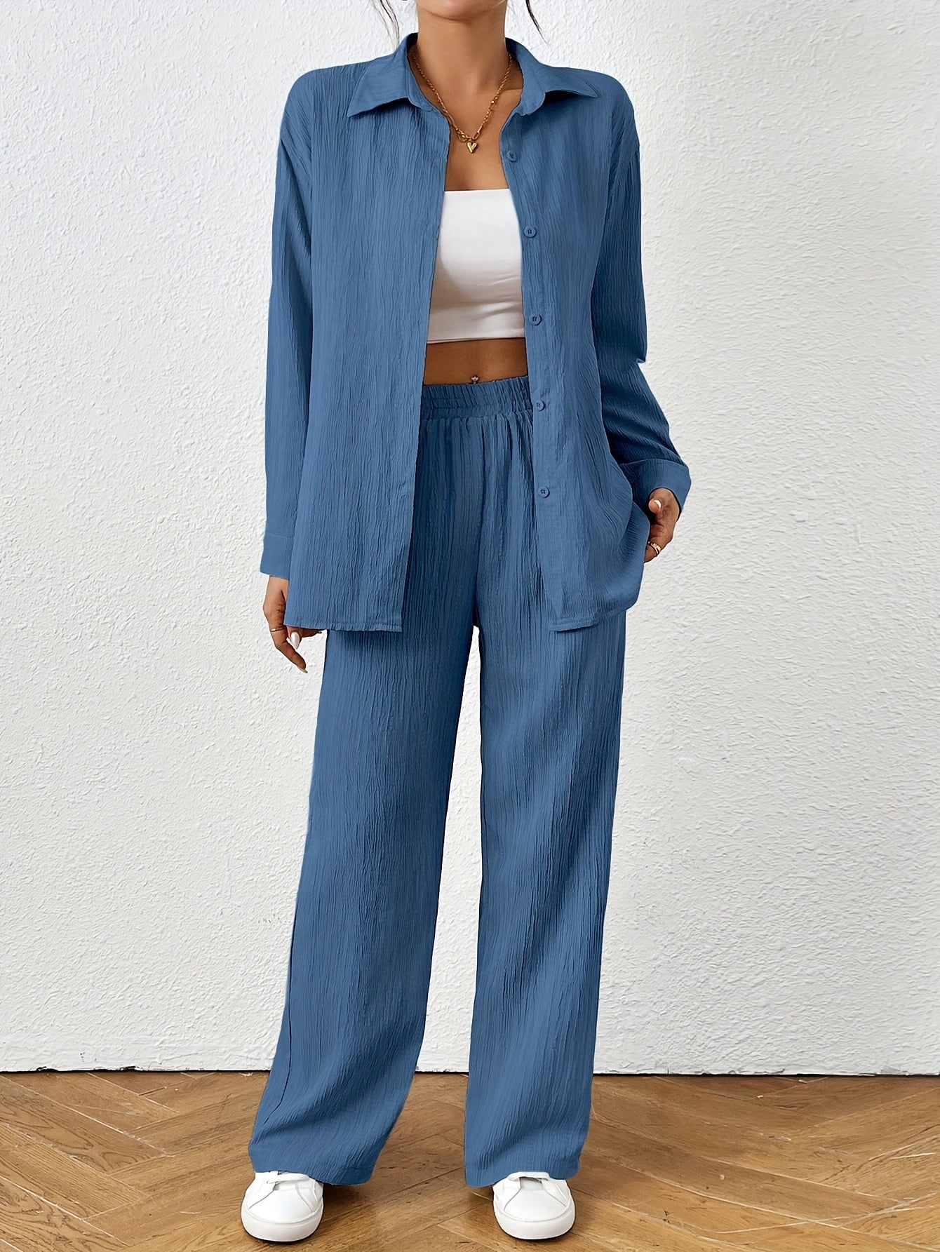 2pcs Women Spring & Autumn Casual Solid Color Long Sleeve Shirt And Pants Set
