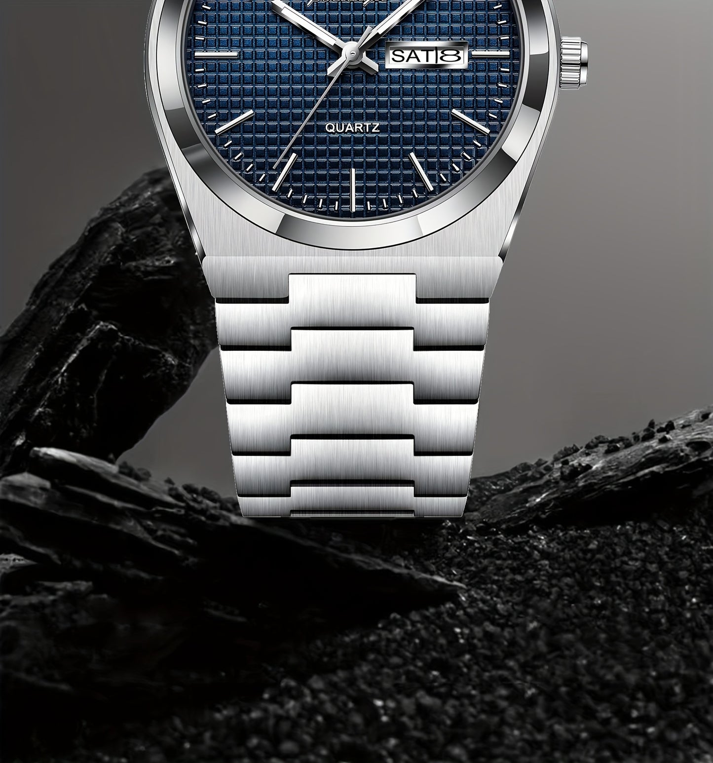 POEDAGAR Elegant Women'S Quartz Watch, Luminous Calendar, Stainless Steel Band, Round Alloy Case, Fashionable Night-Glowing Dial with Blue & Orange Accents