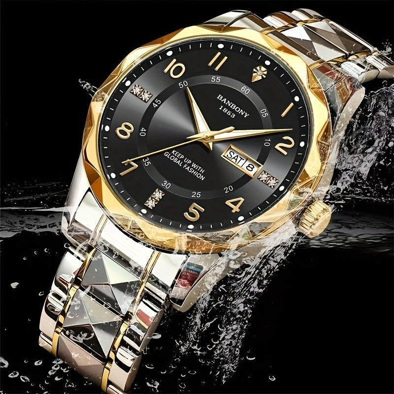 1 New BANBONY Brand Unisex Stainless Steel Quartz Watch with HD Scratch-Resistant Rhinestone-Embellished Simple Digital Round Dial, Luminous Display Date Calendar Battery-Powered Multifunctional Fully Automatic Wristwatch for