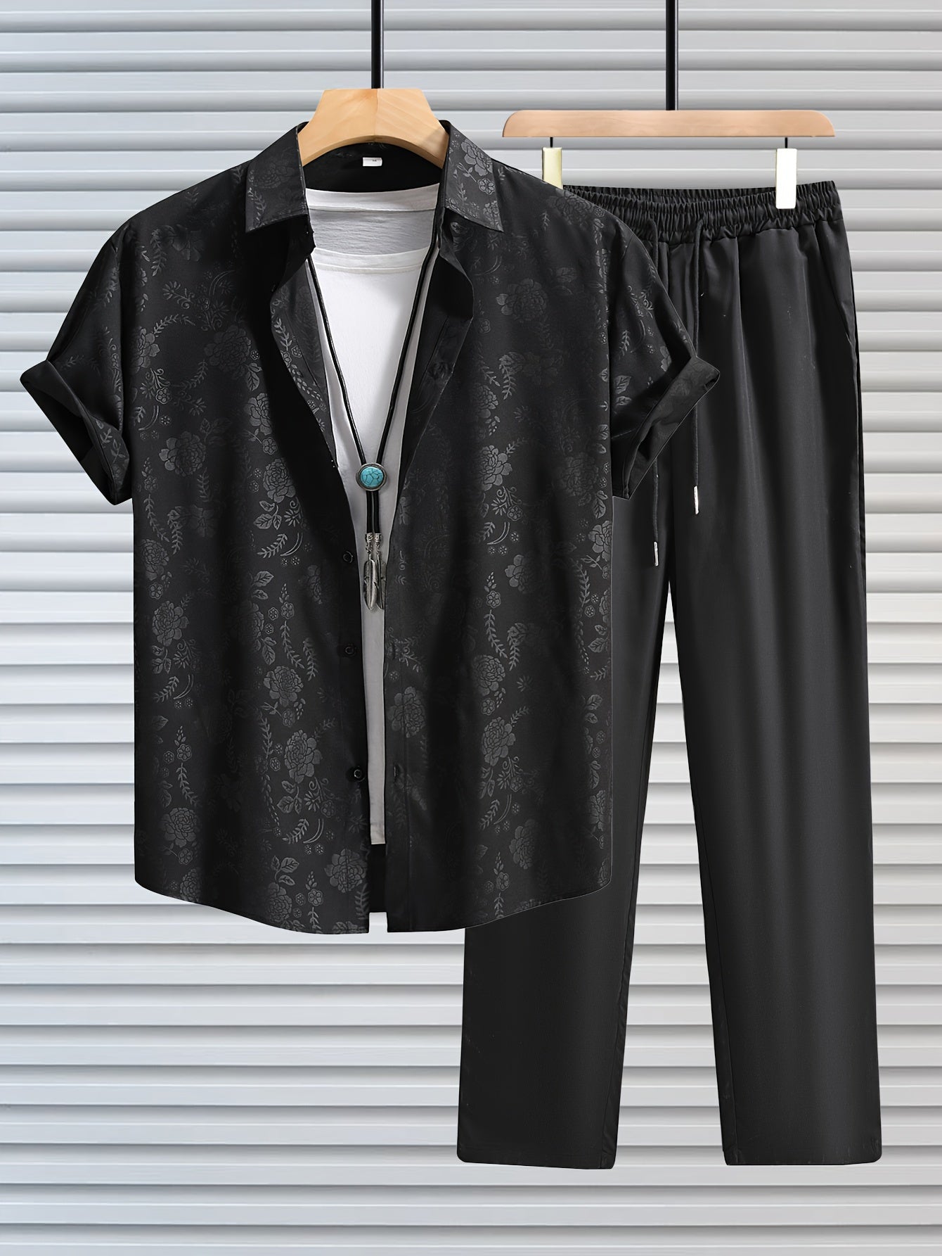 Men's Outfit, Casual Floral Graphic Print Lapel Short Sleeve Button Up Shirt & Drawstring Pants 2-piece Set For Outdoor Activities