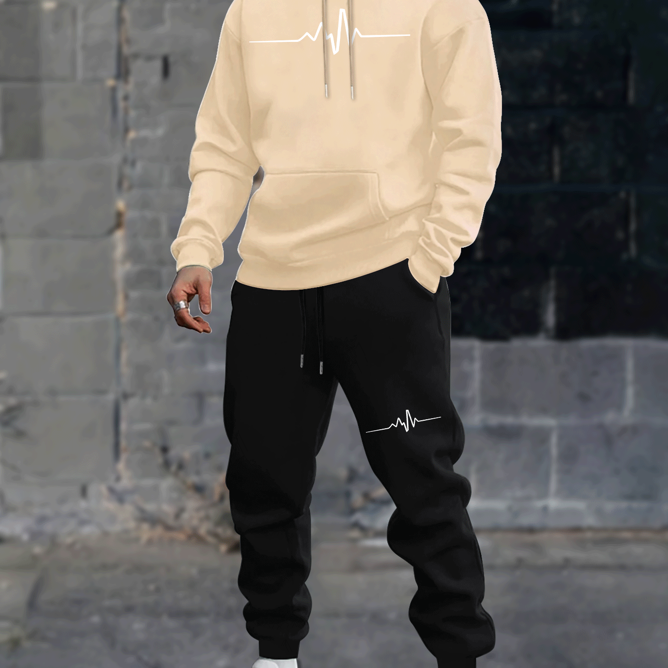 1set Men'S Casual Geometric Heartbeat Pattern Hoodie and Sweatpants Set, Polyester and Spandex Blend, Loose Fit, Hooded Pullover for Autumn/Winter