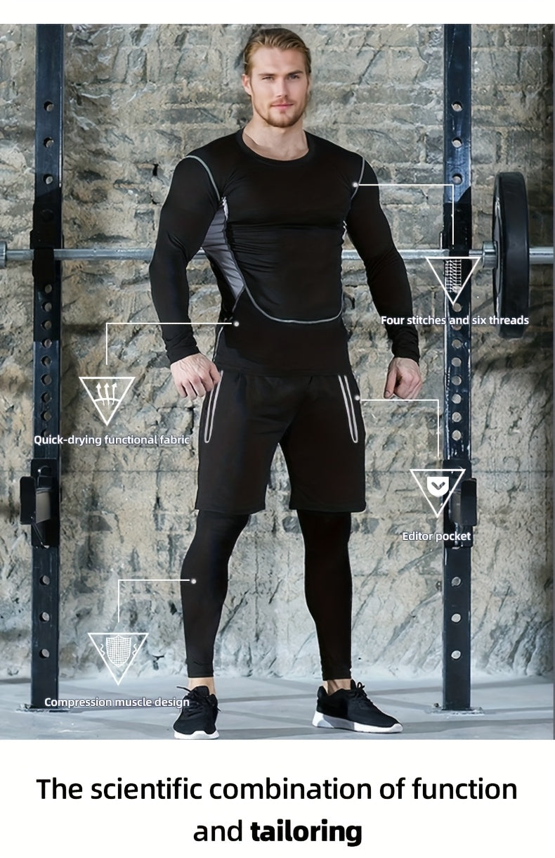 Men'S 3pcs Athletic Set, Breathable Mesh Long Sleeve Top, Skinny Fit Polyester & Spandex, Crew Neck, Solid Color, High Stretch, for Running, Basketball, Hiking, Training - Fall/Winter Sports Outfit