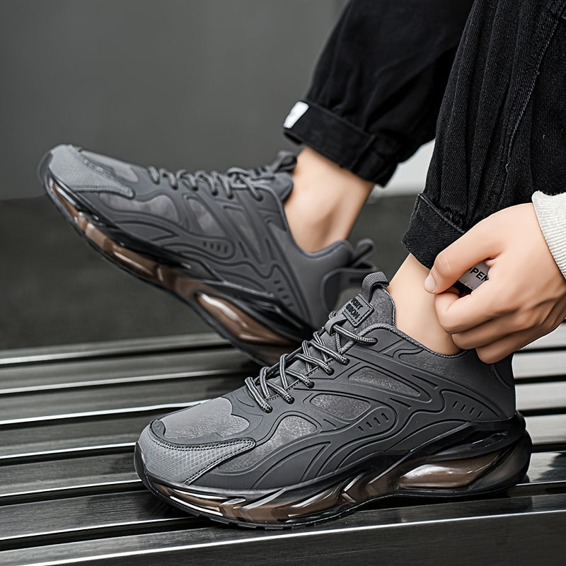 Men's Casual Sneakers - Breathable Low-Top Lace-Up Design, Durable PU Upper & Cushioned PVC Sole for All-Season Comfort - Black with Yellow Accents - Ideal for Running, Hiking, Daily Wear, Hiking Footwear, Stylish Contrast Ac