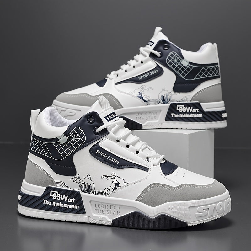 1pair Men'S Fashion Skateboarding Sneakers, High-Top Midsole with Lace-Up Closure, Faux Upper, Cartoon Wave Pattern, Comfortable Non-Slip PVC Sole, Breathable Fabric Lining, Casual Street Style Shoes for Outdoor Activities