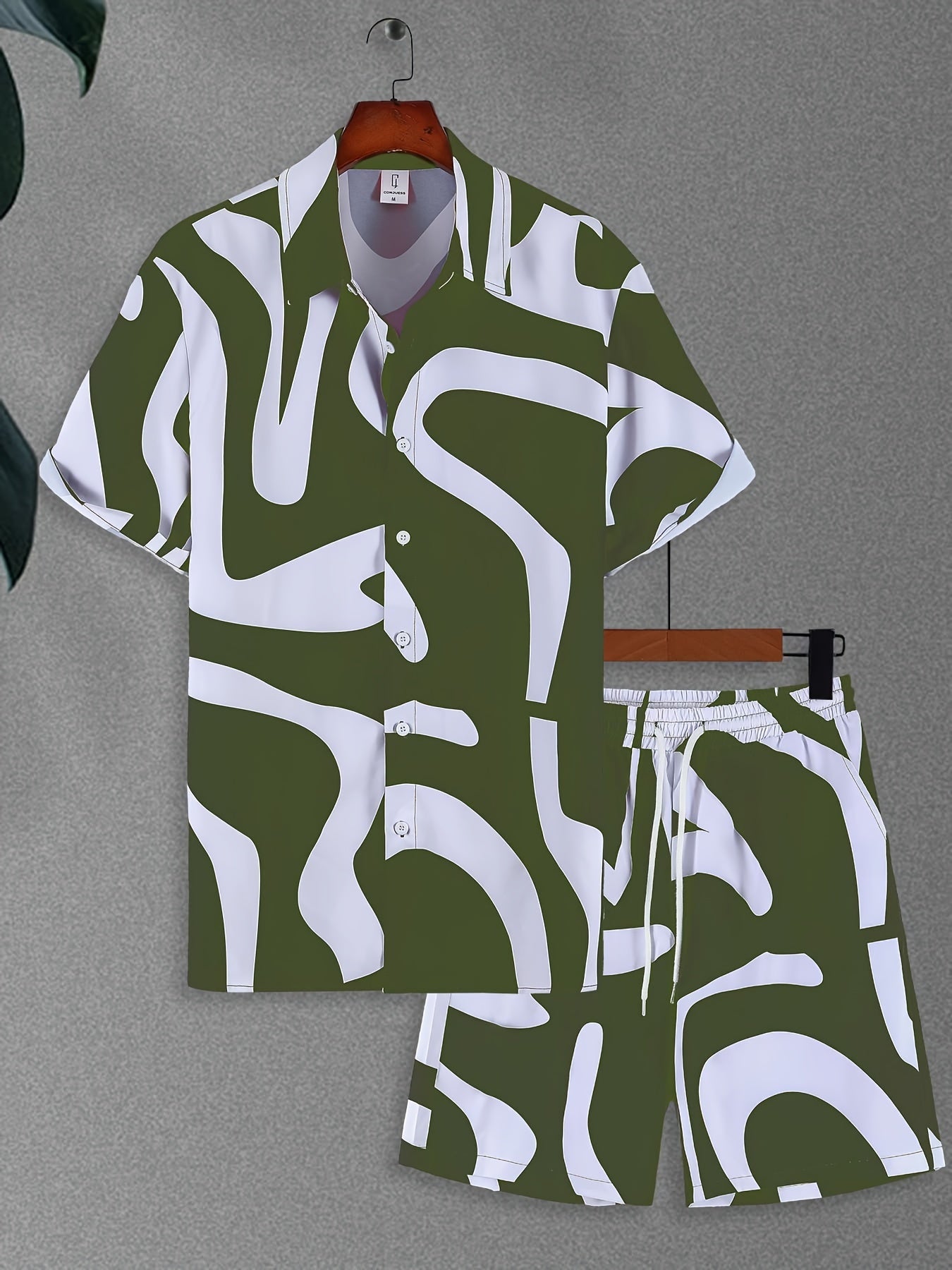CONJUESS Men'S Summer Casual Short Sleeve Shirt and Shorts Set, Polyester 100%, Lapel Collar, Non-Stretch Woven Fabric, Irregular Striped Print, Regular Fit, 120g/m² - Green and White
