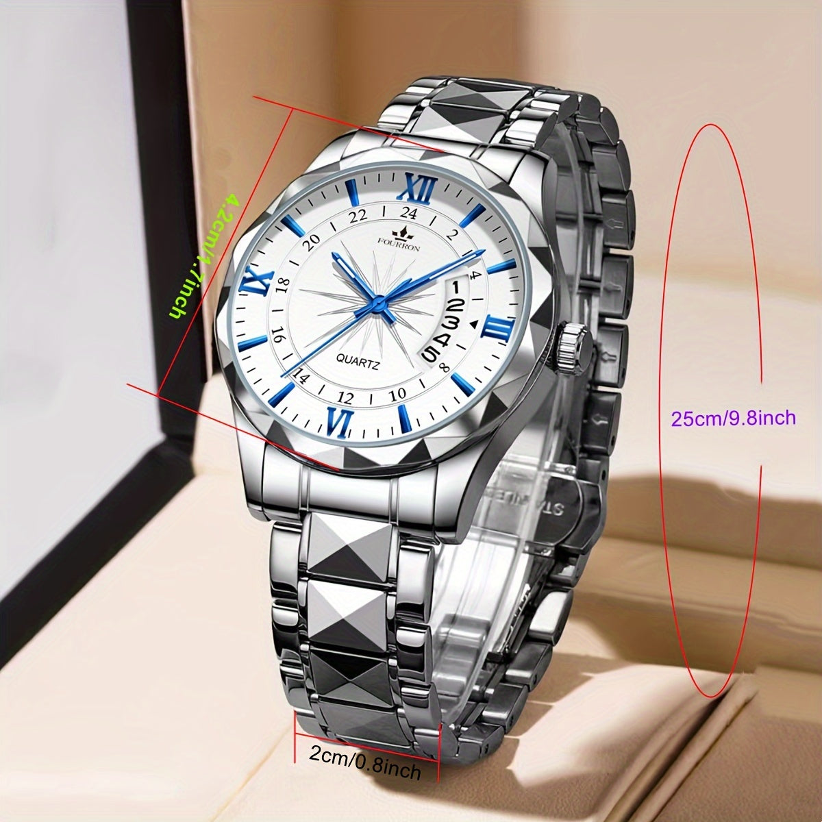 A New FOURRON Brand Men's Quartz Watch With Stainless Steel Strap And Case, Trendy And Luxurious Multi-functional Roman Numeral Dial, Luminous Watch, A Great Gift For Friends' Birthdays, Holidays, And Parties.