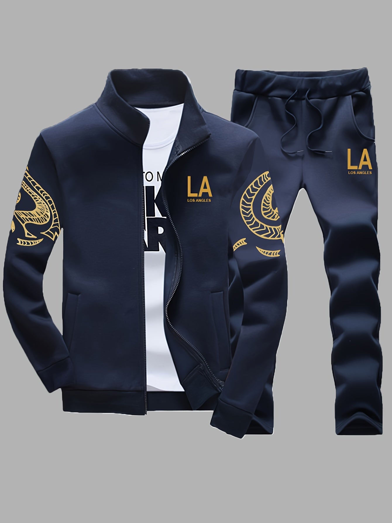 Men's Casual Print Sweatshirt & Joggers Set - Polyester, Stand Collar, Zip-Up Jacket for Spring/Fall