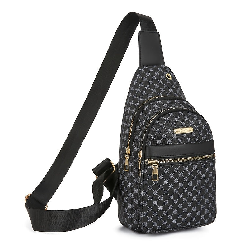 Men's Stylish Geometric Print Sling Bag - Black & White Crossbody Chest Pack with Golden-Tone Zippers, Compact Travel & Everyday Commute Backpack, Modern Accessory | Textured Finish, Crossbody Bag