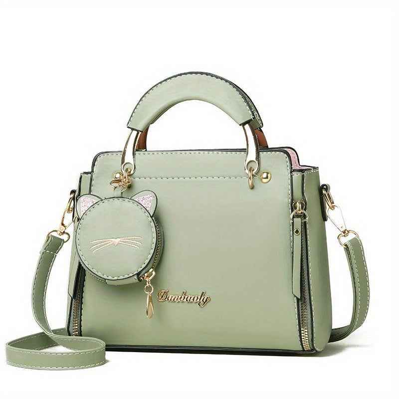 Women'S Fashion 2023 Embroidered Cat Design Messenger Bag, Removable Strap, Zipper Closure, Polyester Lined, Casual Shoulder Handbag with Edge Paint Detail