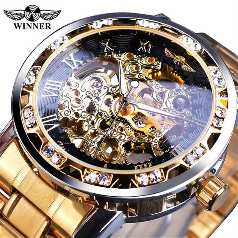 Fashion Classic Roma Watch Men Luxury Golden Skeleton Mechanical Hand Watches Casual Business Wristwatches Men Blue & Golden Accents, Casual Yet Versatile, Best Seller, Ideal Gift, Mechanical Movement, Watch Accessories, With