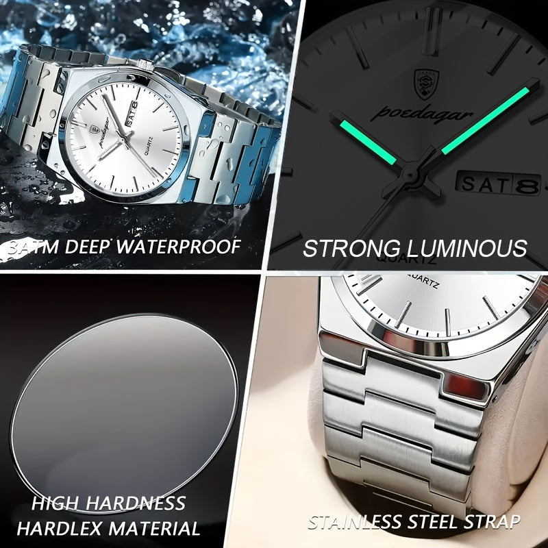 POEDAGAR Men&Women&Apos;S Casual Business Date Night-Glow Quartz Watch, Stainless Steel Band, Alloy Case, Non-Wireless, Non-Rechargeable Battery, Party Style Wristwatch