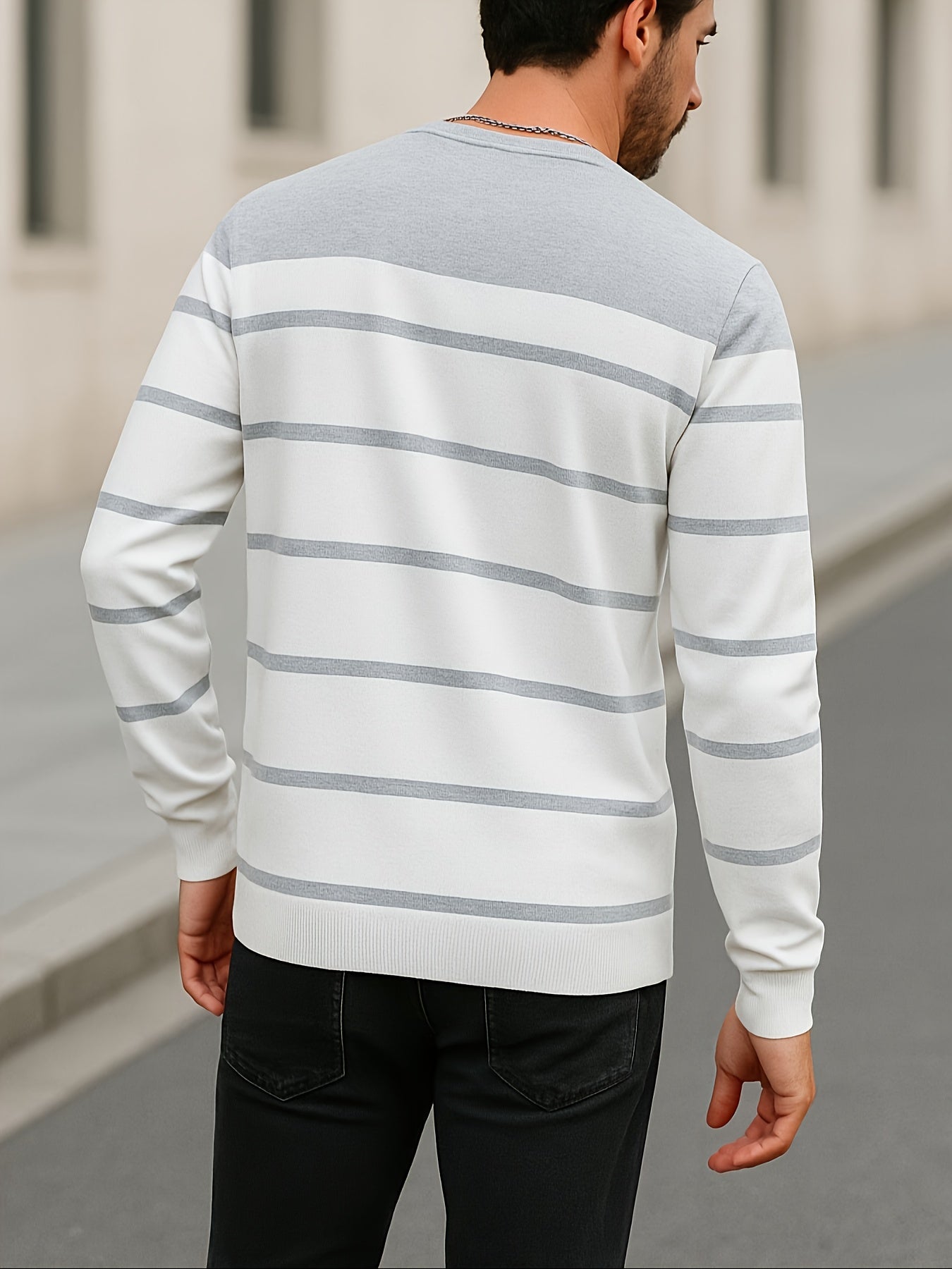 Men's Slim-Fit Striped Knit Sweater - All-Season Business Casual & Casual Attire, Navy Blue/White Horizontal Stripes with Contrast Trim, Round Neck Long Sleeve Pullover, Multi-Color Options (Black/Beige/Light Brown/Navy) - Co