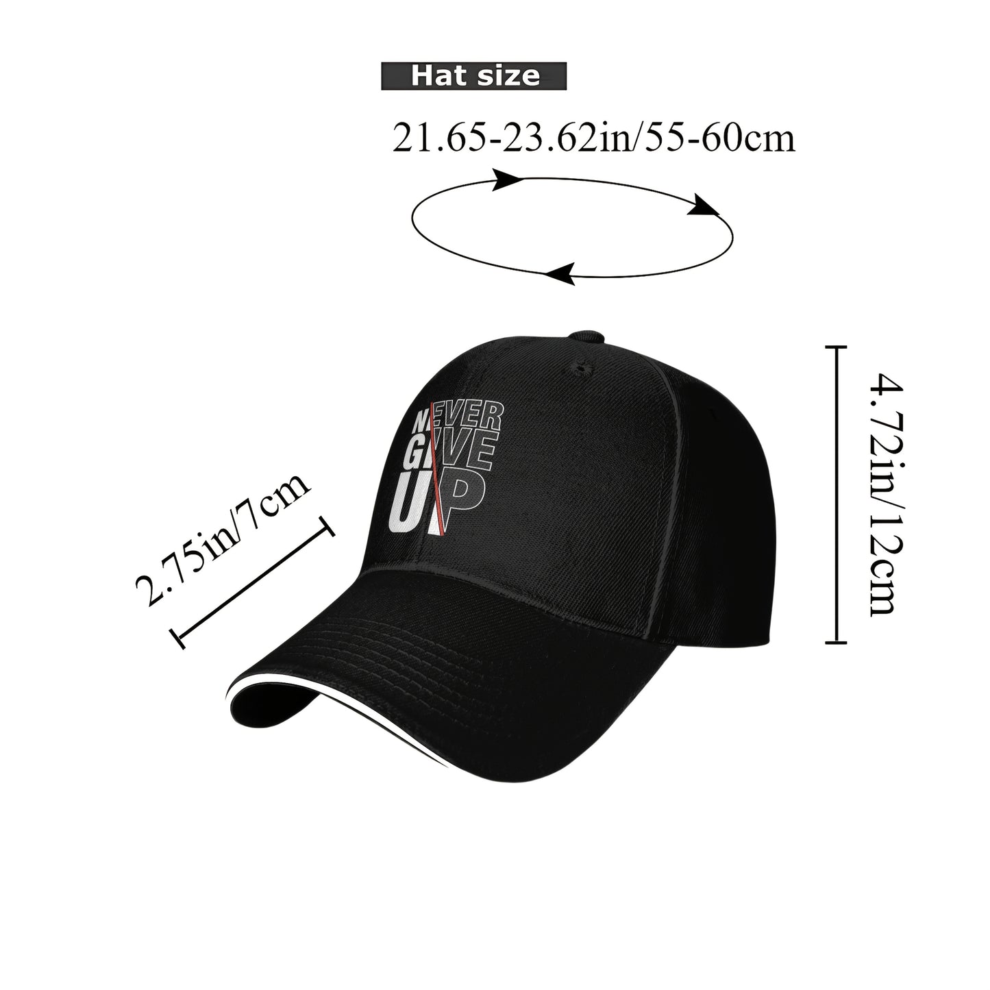 1 Pack Never Give Up Print Baseball Cap - Adjustable Snapback Dad Hat with Breathable Mesh Back, Funky Unisex Trucker Hat for Outdoor Fishing Driving, Black with White & Red Lettering, One Size Fits Most (53.34-63.5 cm)