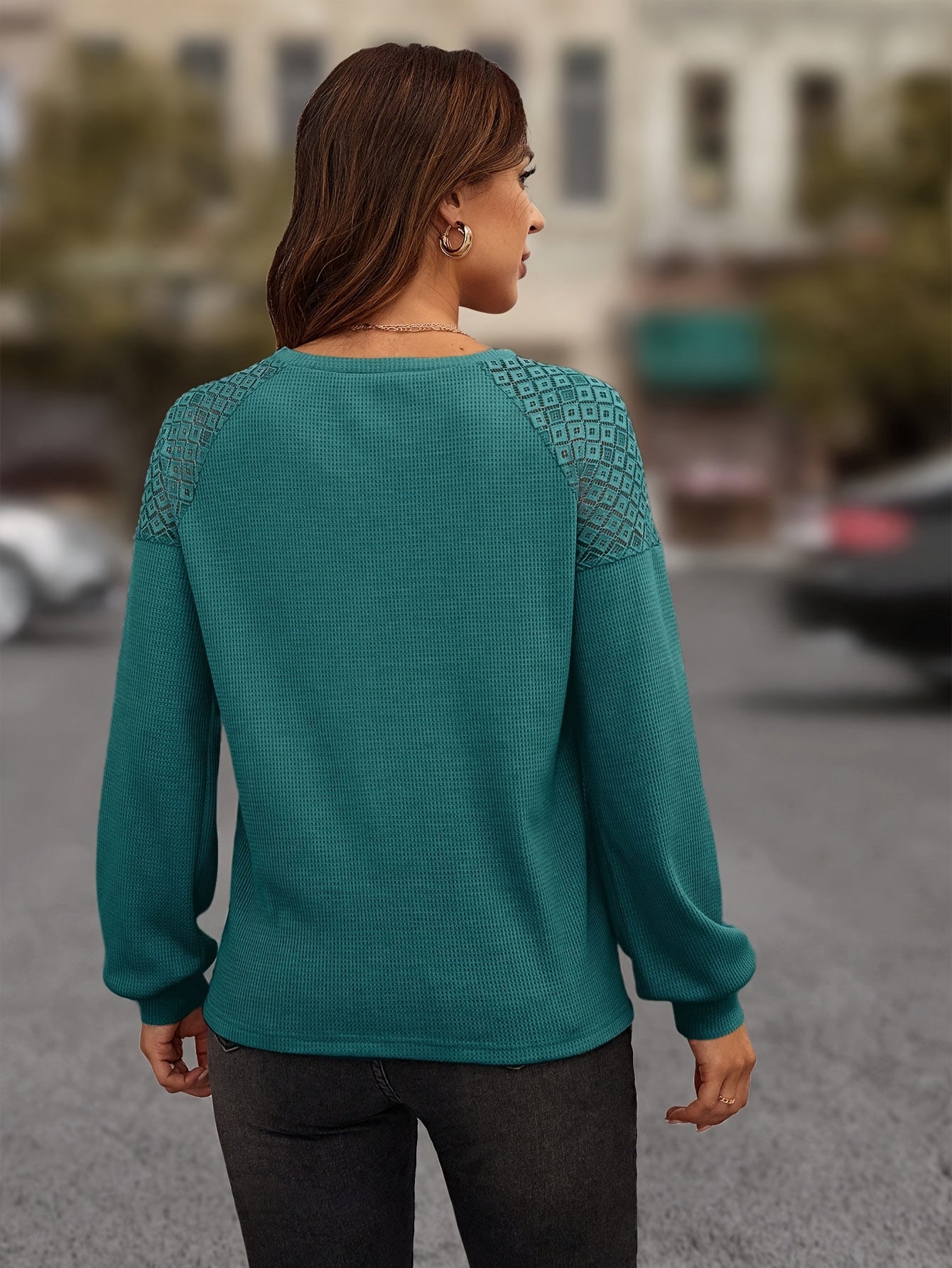 Contrast Lace Crew Neck T-Shirt, Casual Long Sleeve Top For Spring & Fall, Women's Clothing
