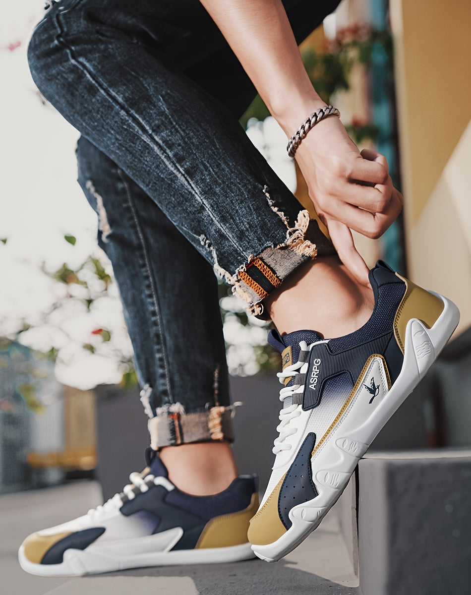 Men's Breathable Low-Top Casual Sneakers - Sporty Lace-Up Walking Shoes with Navy/White/Golden Accents, All-Season Outdoor & Everyday Comfort, Durable Fabric Upper & PVC Sole, Comfortable Footwear, Sleek Shoe Design, Lightwei