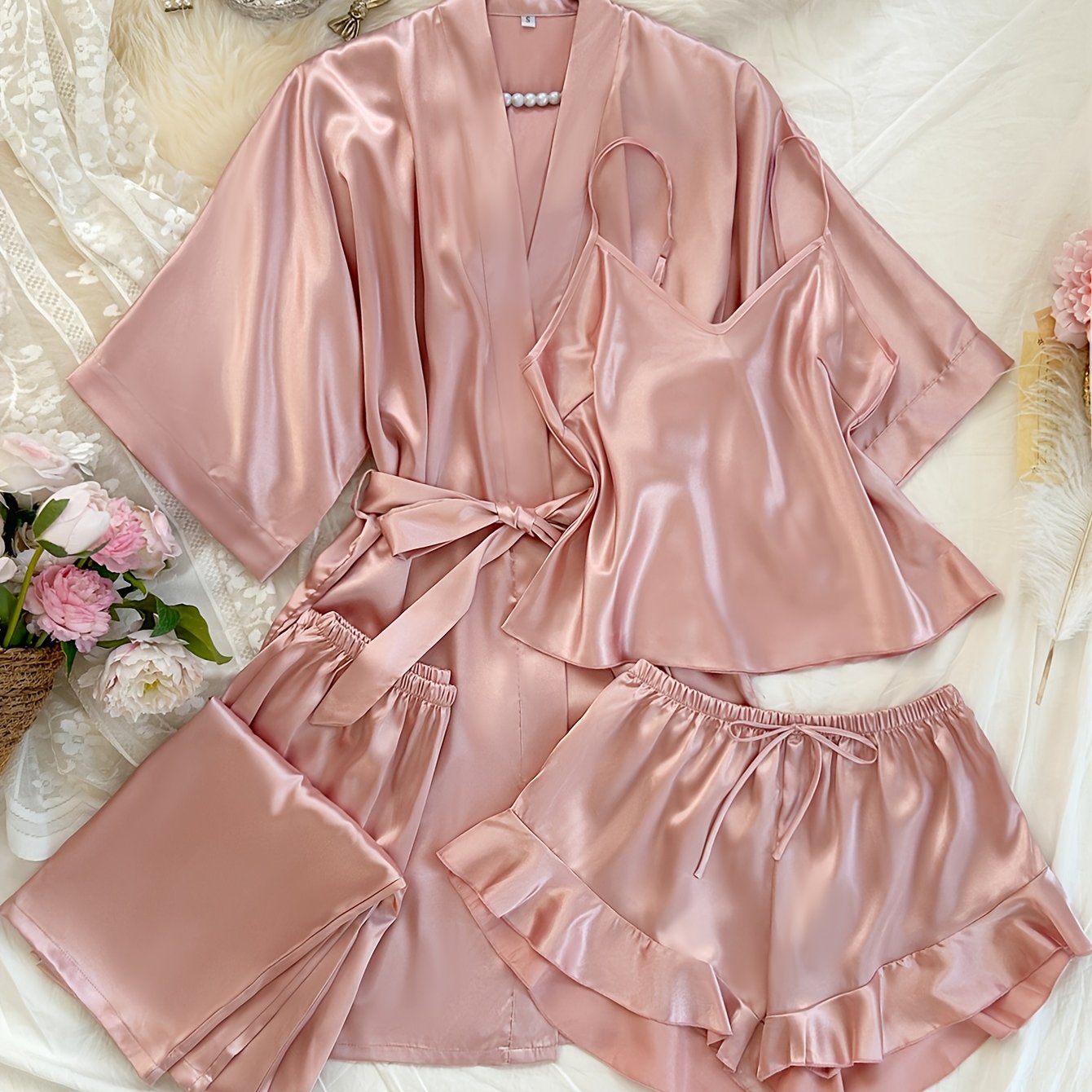 Women'S All-Season V-Neck Pajama Set - Comfortable, Sexy, Polyester 4pcs Sleepwear with Tie Waist And Drawstring Shorts, Perfect for Autumn And Winter, Autumn Winter Sleepwear | Stylish Sleepwear | Polyester Fabric