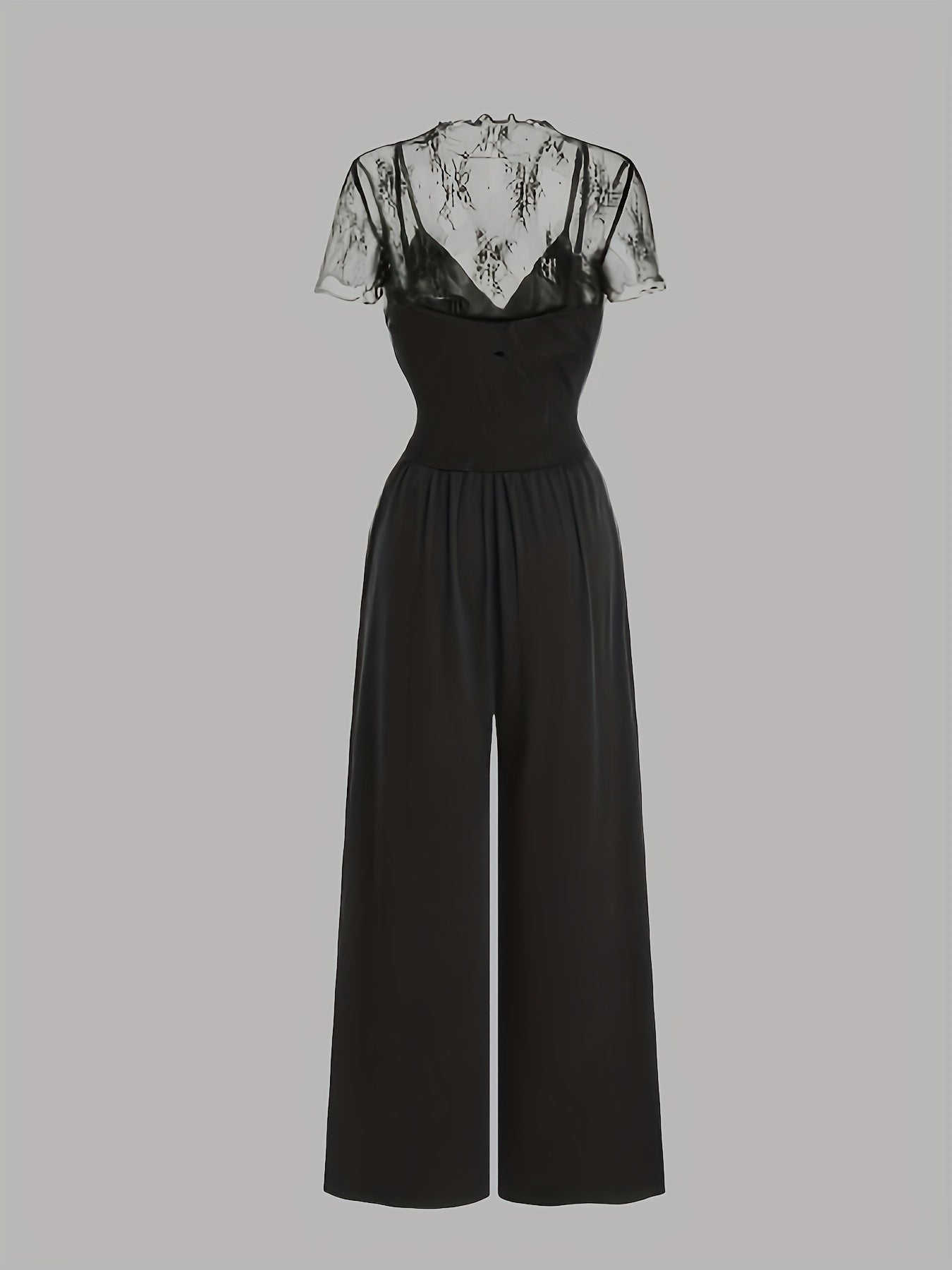 Elegant Mesh Long Sleeve Crop Top & Bodycon Wide-Leg Jumpsuit Set - Chic V-Neck, Ruched Detail, Black Mesh Blouse with Spaghetti Straps, Wide Leg Pants for Spring/Summer, Women'S Fashion, Clothing | Relaxed Fit | Chic Desig