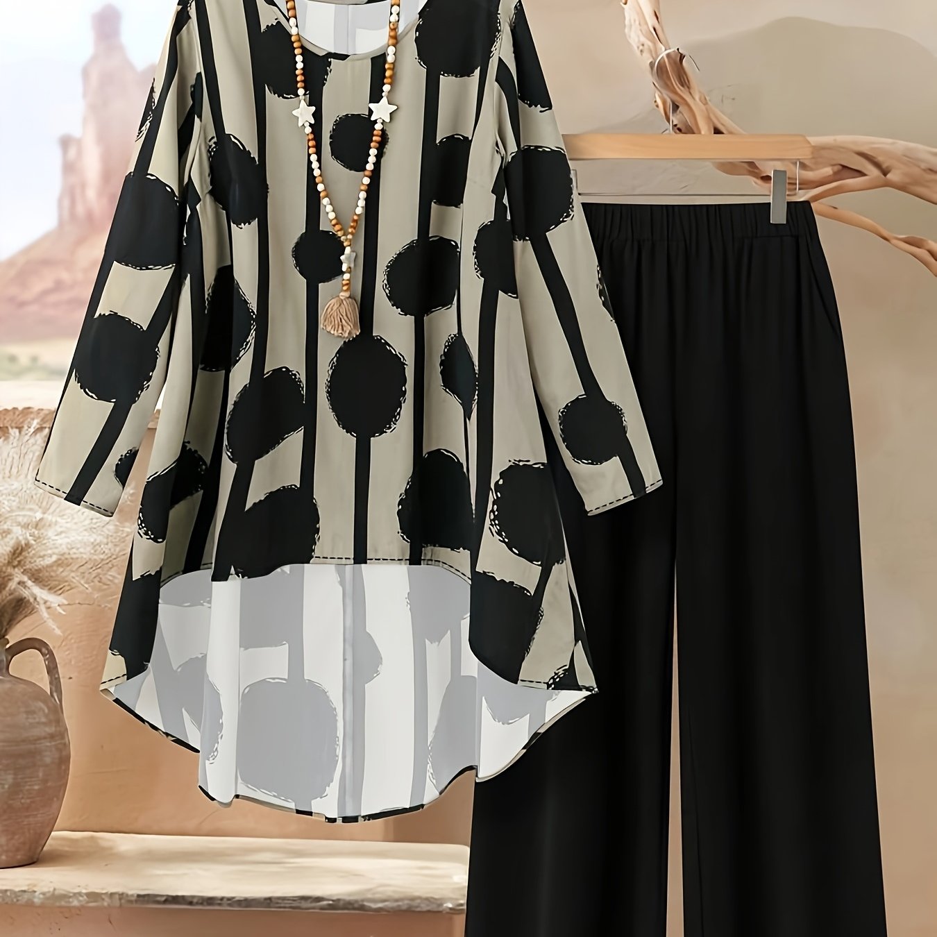 Plus Size, Women's Plus Size Printed Elegant Loose Long Sleeve Top and Pants Set