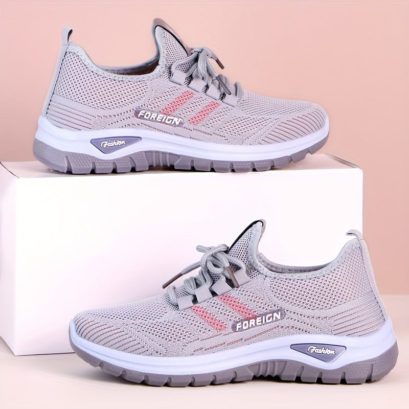 Women's Lightweight Breathable Knit Running Sneakers - Casual Sneakers with Lace-Up Closure, Dual-Layer PVC Sole for Easy Wear & Comfort, Black & Red Striped Design, Perfect for Outdoor Activities, Walking, and Daily Commute,