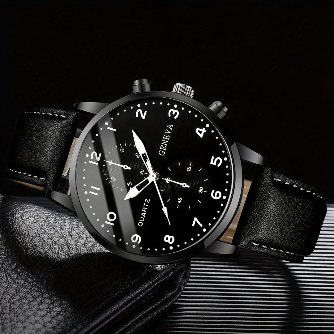 1pc Fashionable Men'S Quartz Watch, Large Dial, Zinc Alloy Case, Round Dial, Faux Leather Strap, Battery Powered, Electronic Drive, Non-rechargeable Button Battery, Business Style Wristwatch (Watch Box Not Included)